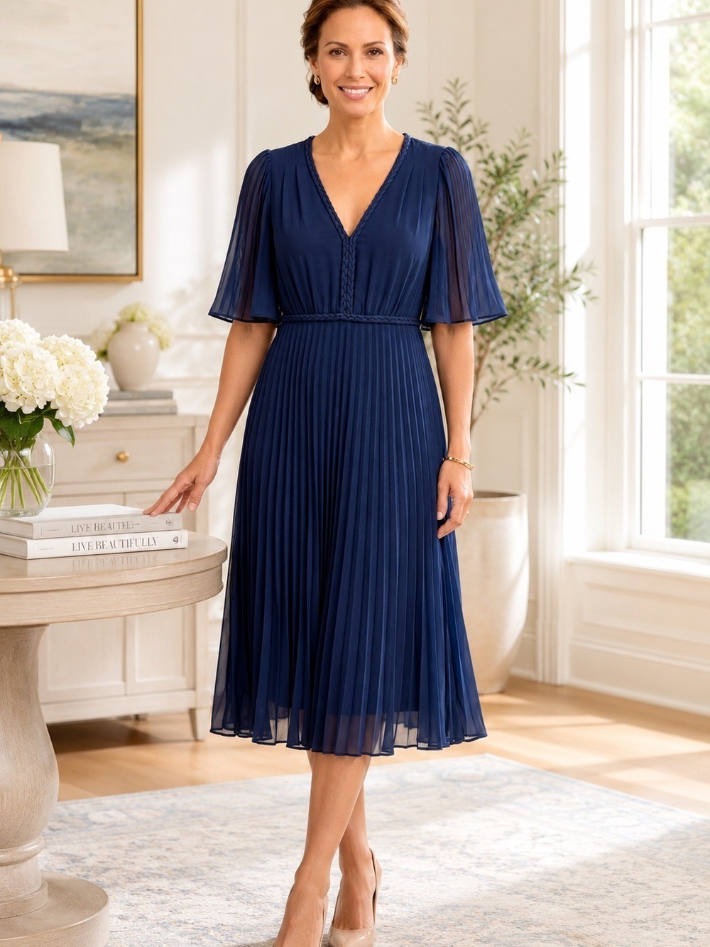 Sezane Florencia Pleated Midi Dress Blue Pagoda Sleeves Sz 36 Small Luxury Party
